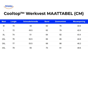 cooltop werkvest maattabel maten lengte schouders borst zoom mouw www.middo.nl