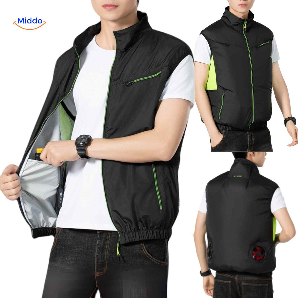 cooltop werkvest zwart model met koelventilatoren en ritszakken www.middo.nl