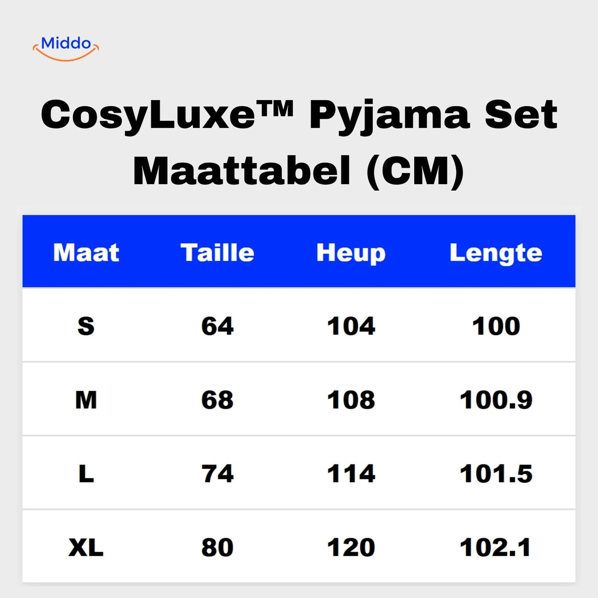 cosyluxe pyjama set maattabel s tot xl cm informatie www.middo.nl
