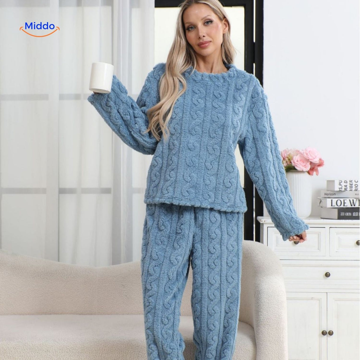 cosyluxe pyjama set roze met kersenprint zachte fleece www.middo.nl