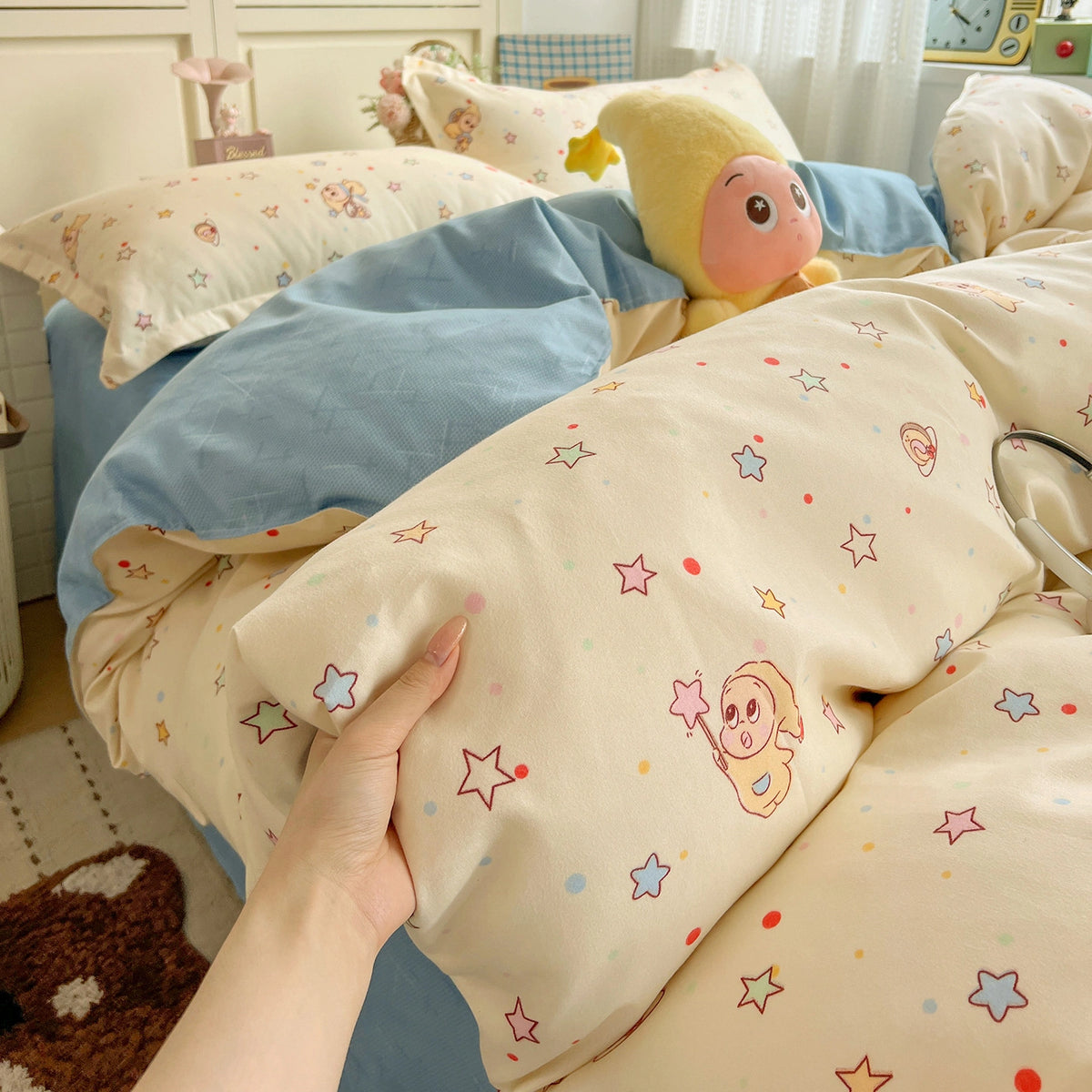 CottonNest dekbedovertrekset crème sterren met blauw (verdikt), met bijpassend laken en kussenslopen
