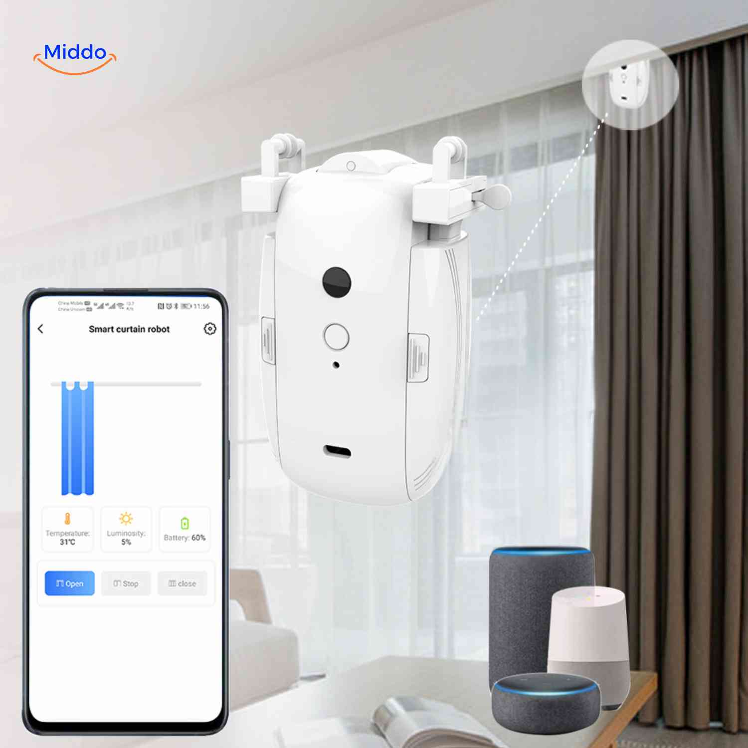 curtana gordijnmotor slimme gordijnmotor met smartphone en smart home integratie www.middo.nl