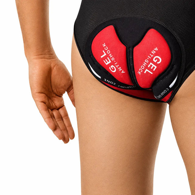 Alt-tekst: Binnenzijde van de Cyclira Men fietsbroek met rood schokabsorberend gelkussen – www.middo.nl