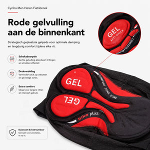 Rode gelvulling aan de binnenkant van de Cyclira Men fietsbroek voor drukverdeling – www.middo.nl