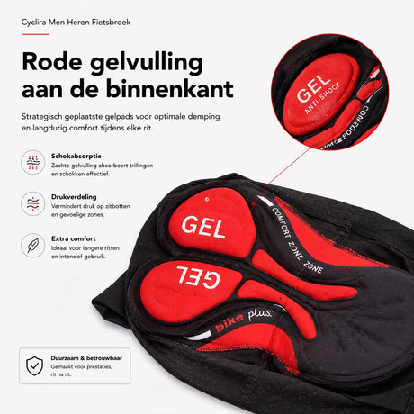 Rode gelvulling aan de binnenkant van de Cyclira Men fietsbroek voor drukverdeling – www.middo.nl