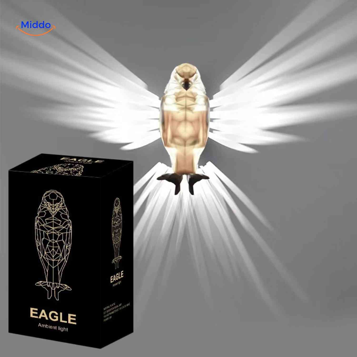 eagleglow wandlamp 3d adelaar muurverlichting met lichtstralen www.middo.nl