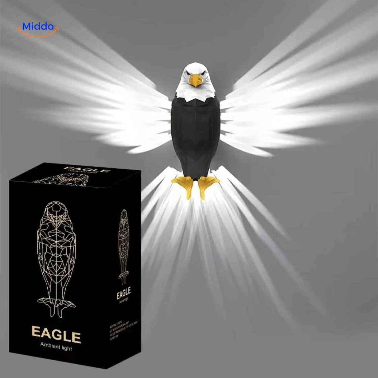 eagleglow wandlamp zwart witte adelaar met heldere led vleugels www.middo.nl