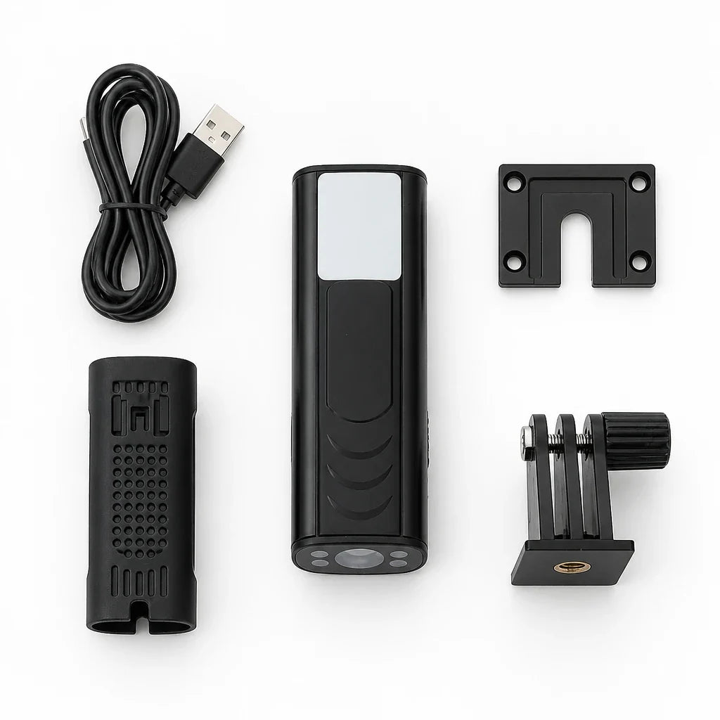 EasyCam Pro inhoud flatlay – camera, kabels, houder en accessoires