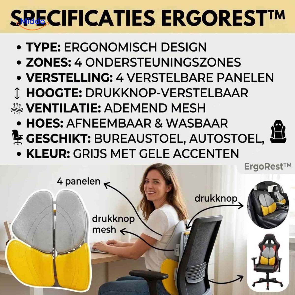 ergorest rugsteunkussen specificaties ergonomisch rugsteunkussen www.middo.nl