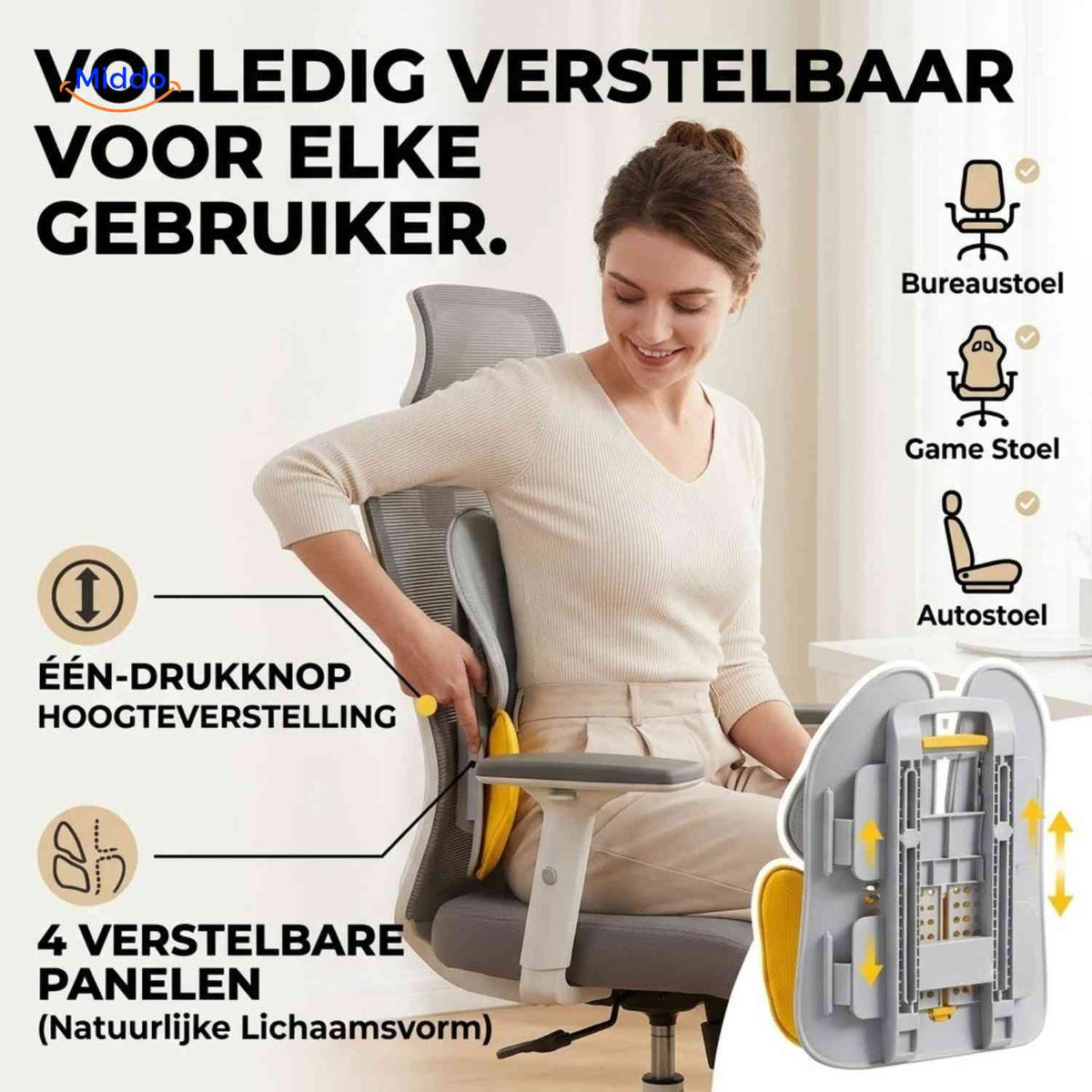 ergorest rugsteunkussen volledig verstelbare lendensteun www.middo.nl
