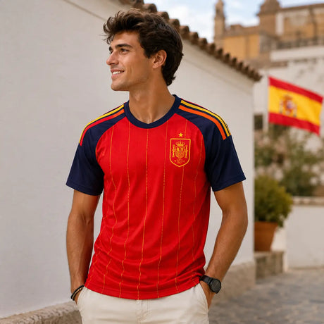 FIFA WK 2026 supportersshirt Spanje rood donkerblauw voetbalshirt voor heren