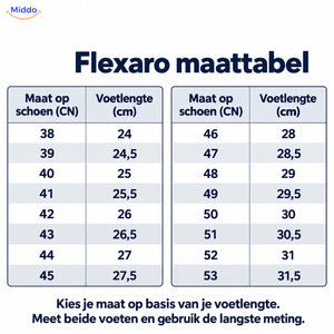 Flexaro maattabel: schoenmaat 38–53 en voetlengte in cm