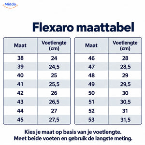 Flexaro maattabel: schoenmaat 38–53 en voetlengte in cm
