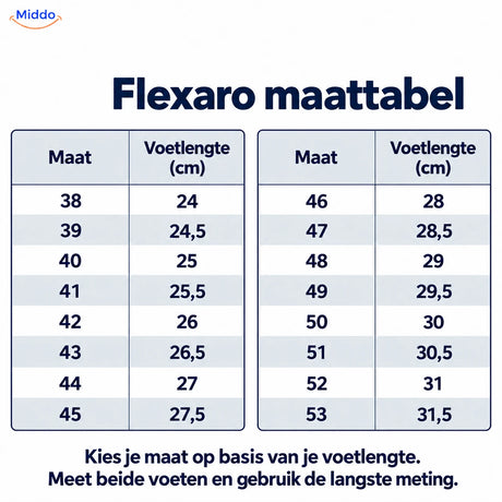 Flexaro maattabel: schoenmaat 38–53 en voetlengte in cm