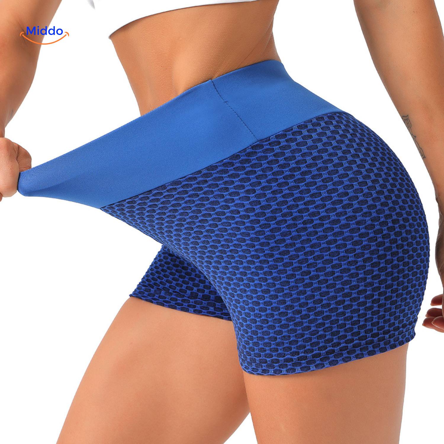 flexfit ademend hoge taille jacquard yoga shorts voor dames blauw dichtbijzijnde kant
