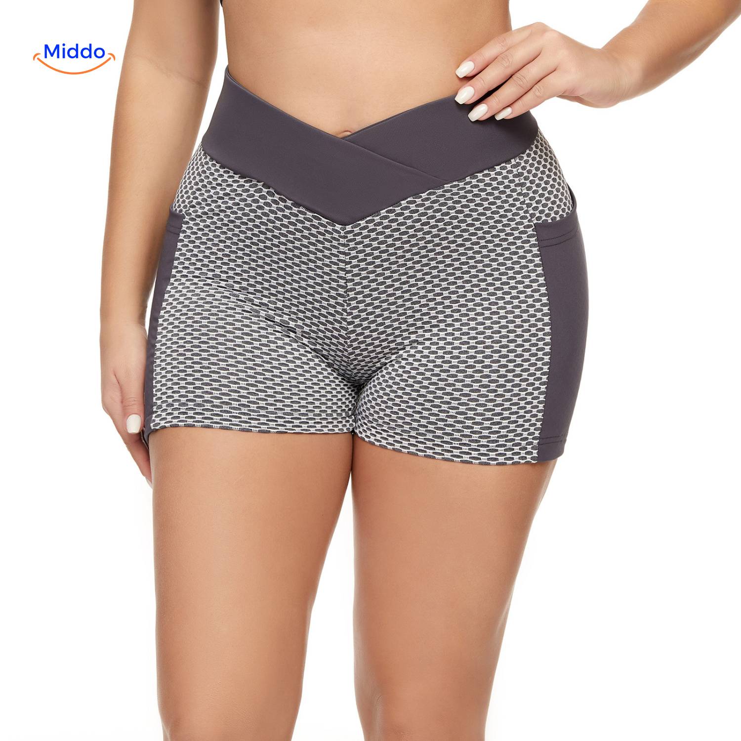 flexfit ademend hoge taille jacquard yoga shorts voor dames grijs met zijvak dichtbij de voorkant