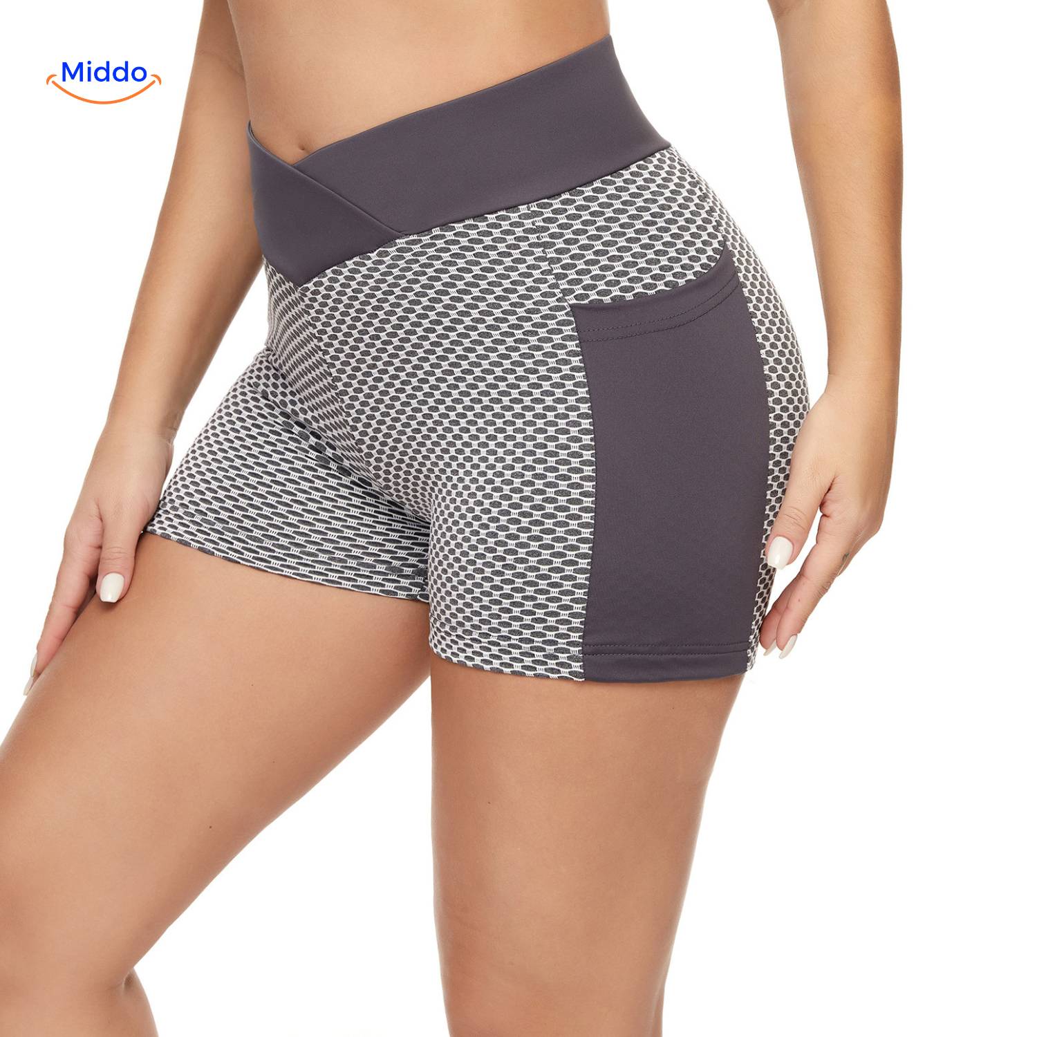 flexfit ademend hoge taille jacquard yoga shorts voor dames grijs met zijvak dichtbijzijnde kant