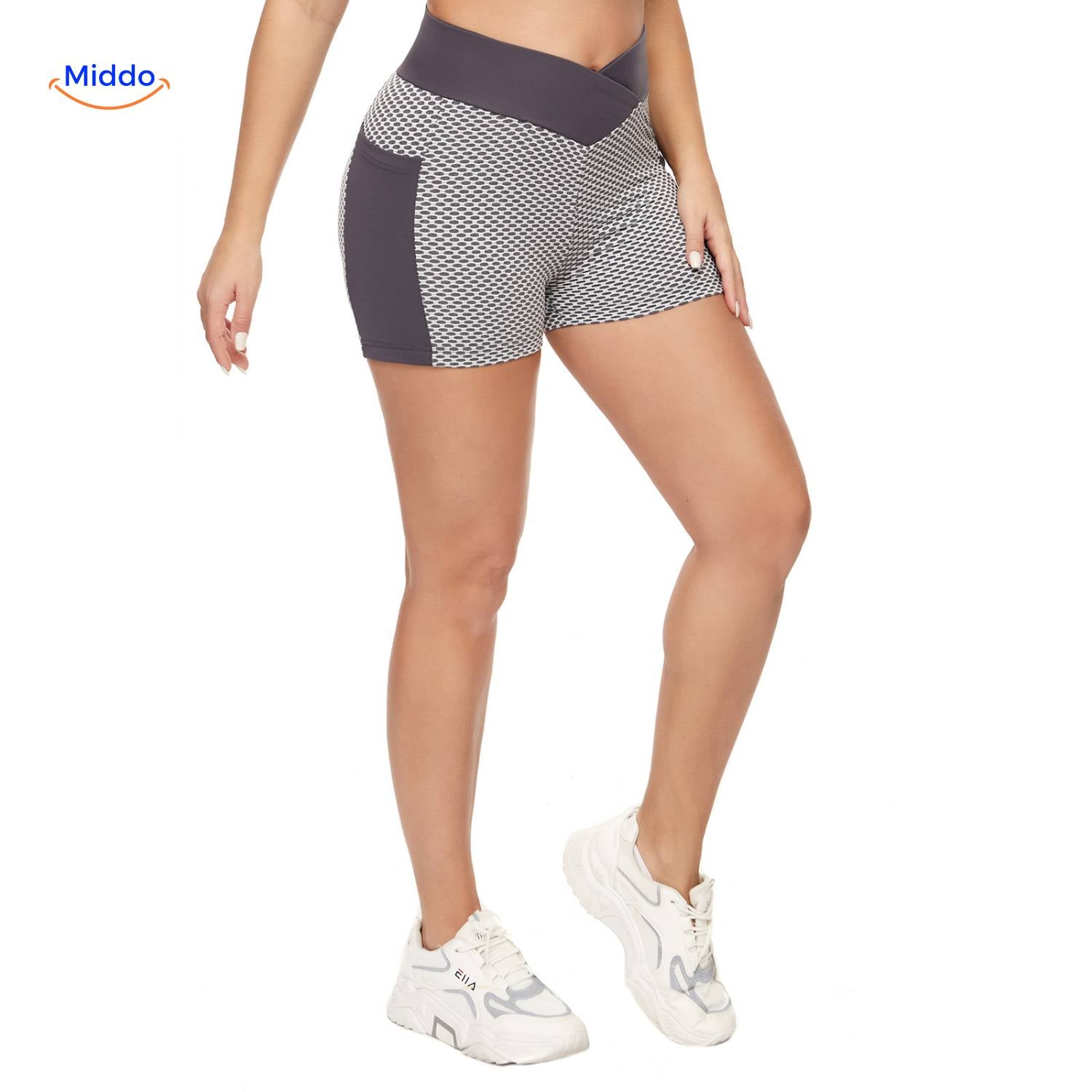 flexfit ademend hoge taille jacquard yoga shorts voor dames grijs met zijvak voorkant
