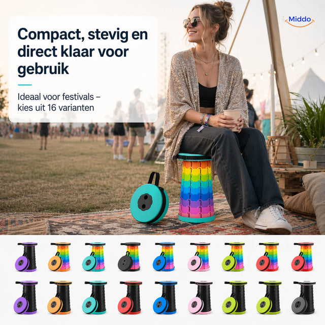 Opvouwbare FlexiStool kruk voor festivals, compact draagbaar en direct klaar voor gebruik met 16 kleurvarianten van Middo