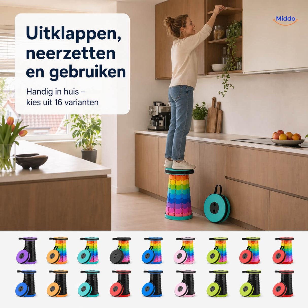 Opvouwbare FlexiStool kruk in de keuken om veilig bij een hoog kastje te komen, compact en verkrijgbaar in 16 kleurvarianten van Middo