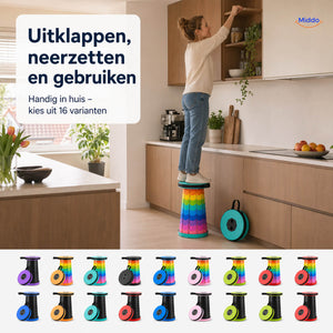 Opvouwbare FlexiStool kruk in de keuken om veilig bij een hoog kastje te komen, compact en verkrijgbaar in 16 kleurvarianten van Middo