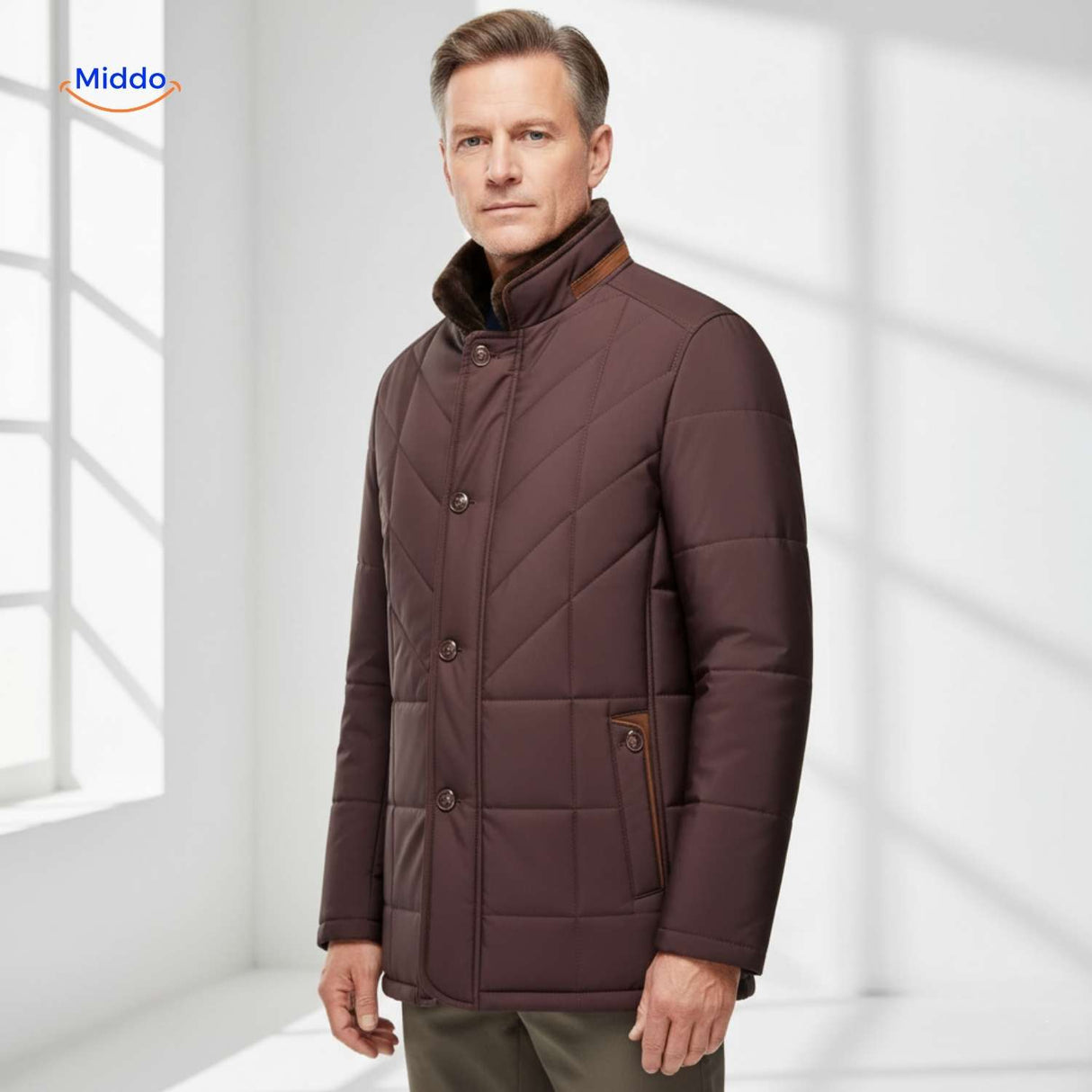 froston jas bruine versie met hoge kraag en netjes design www.middo.nl