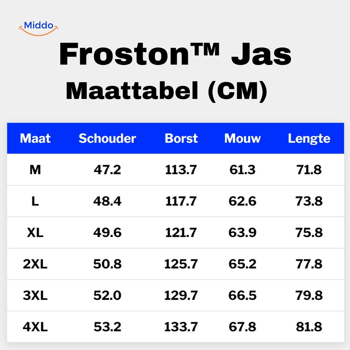 froston jas maattabel met schouder borst mouw en lengte cm www.middo.nl