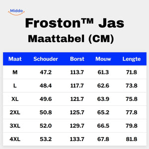 froston jas maattabel met schouder borst mouw en lengte cm www.middo.nl