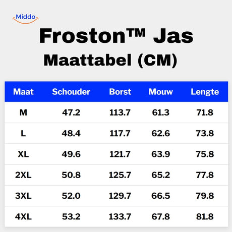 froston jas maattabel met schouder borst mouw en lengte cm www.middo.nl