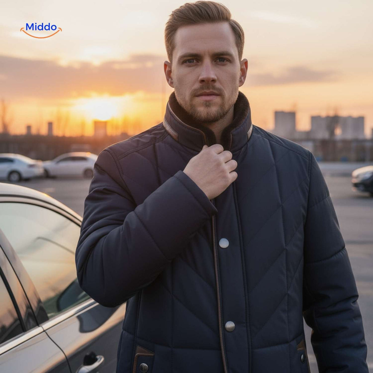 froston jas man bij zonsondergang met opstaande kraag www.middo.nl
