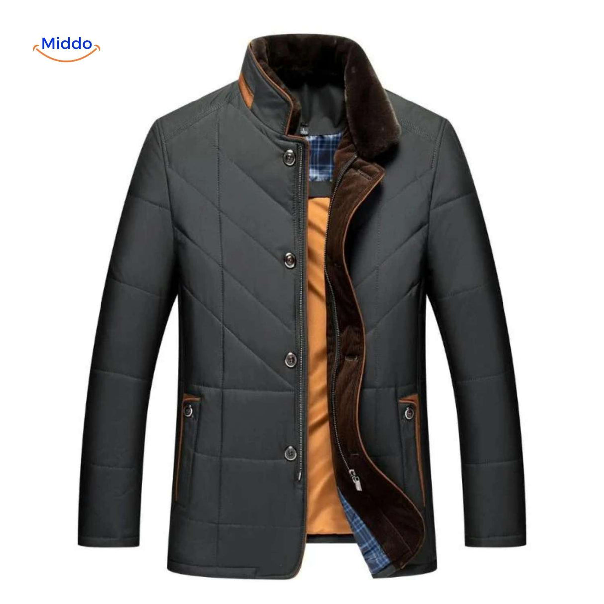 froston jas zwart met bruine afwerking en warme voering www.middo.nl