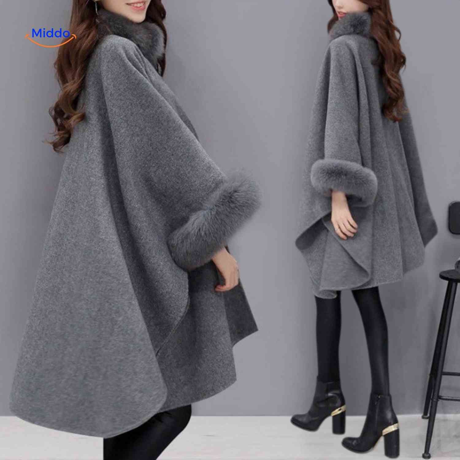 furina capejas achteraanzicht grijze bont poncho www.middo.nl