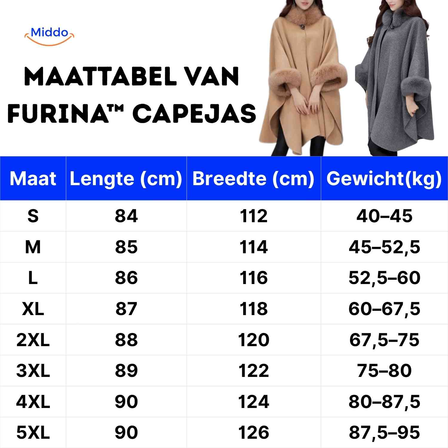 furina capejas maattabel lengte breedte gewicht www.middo.nl