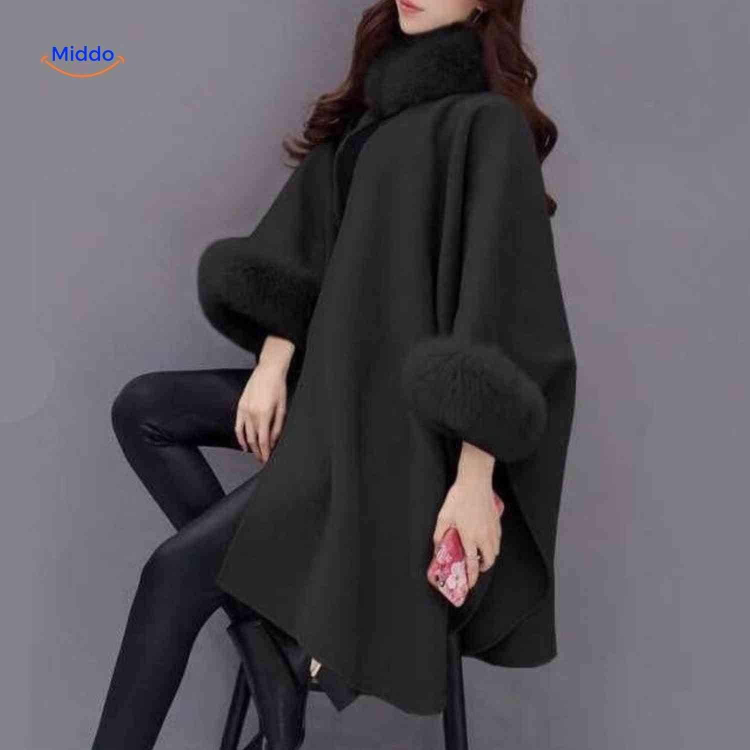 furina capejas zwarte bontkraag poncho dames www.middo.nl