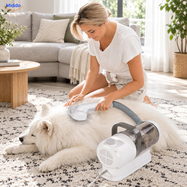 Hond borstelen met de witte Furiva huisdierstofzuiger