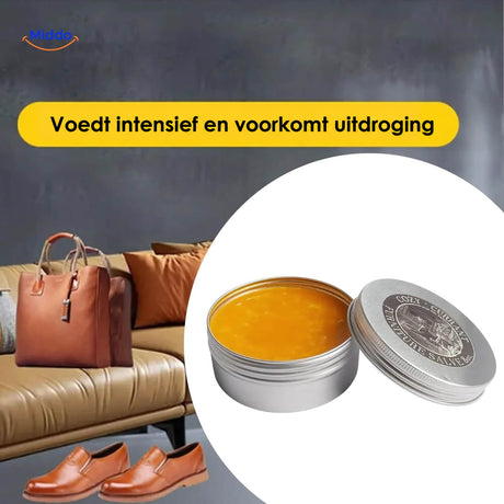 Furnituresalve™ bij een leren bank, tas en schoenen, met tekst over verzorging