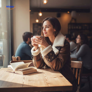 furvia jas cafe scene met boeken en koffie www.middo.nl