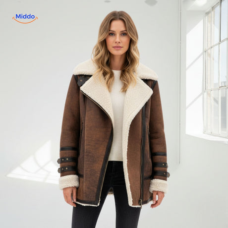 furvia jas dames luxe warme shearling bikerstijl www.middo.nl
