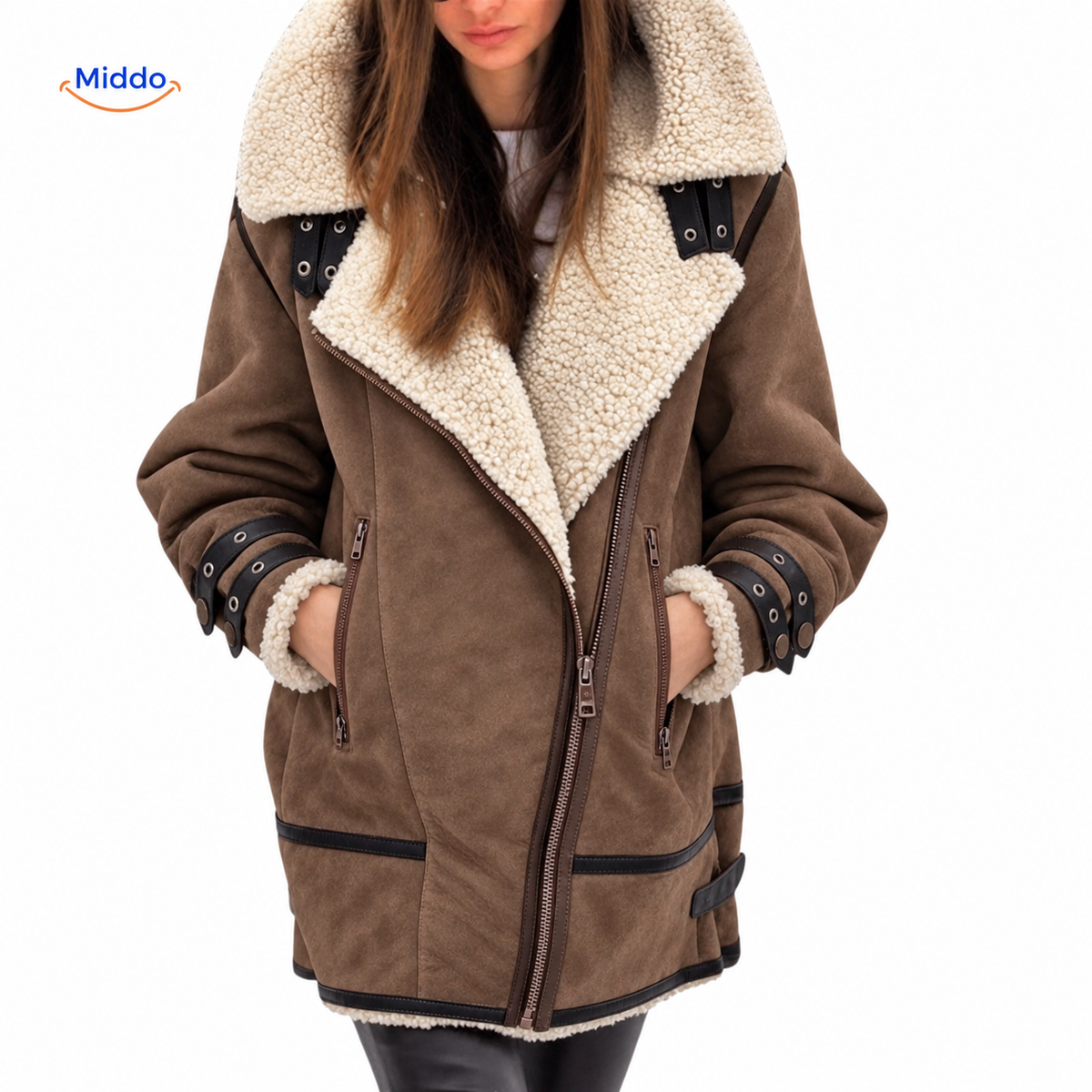 furvia jas warme imitatiebont lange damesjas bruin www.middo.nl