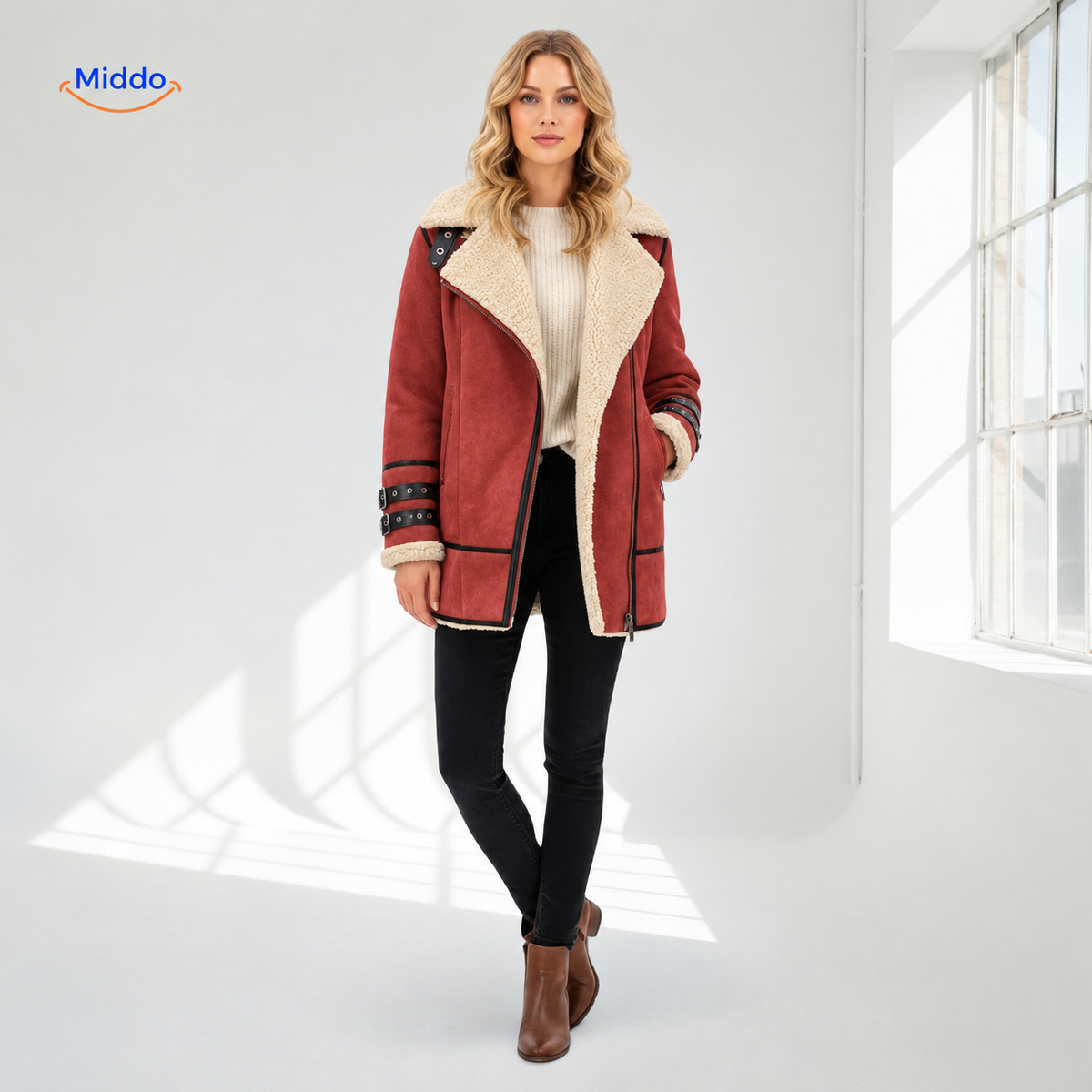 furvia jas bordeaux rood warme bontjas met leren details www.middo.nl