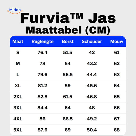 furvia jas maattabel cm maten s tot 5xl www.middo.nl