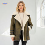 furvia jas olijfgroen closeup bontkraag en stiksels www.middo.nl