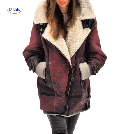 furvia jas warme imitatiebont lange damesjas rood www.middo.nl