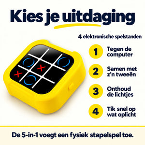 Vier elektronische GameMaster-spelstanden: computer, twee spelers, geheugen en reactie