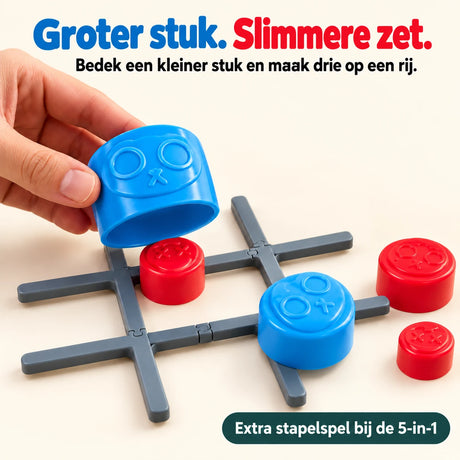 Bij het extra 5-in-1-stapelspel bedekt een groter blauw stuk een kleiner rood stuk