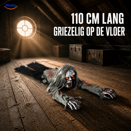 GhostEcho™ geluidsgeactiveerde kruipende halloweengeest van 110 cm op een zolder