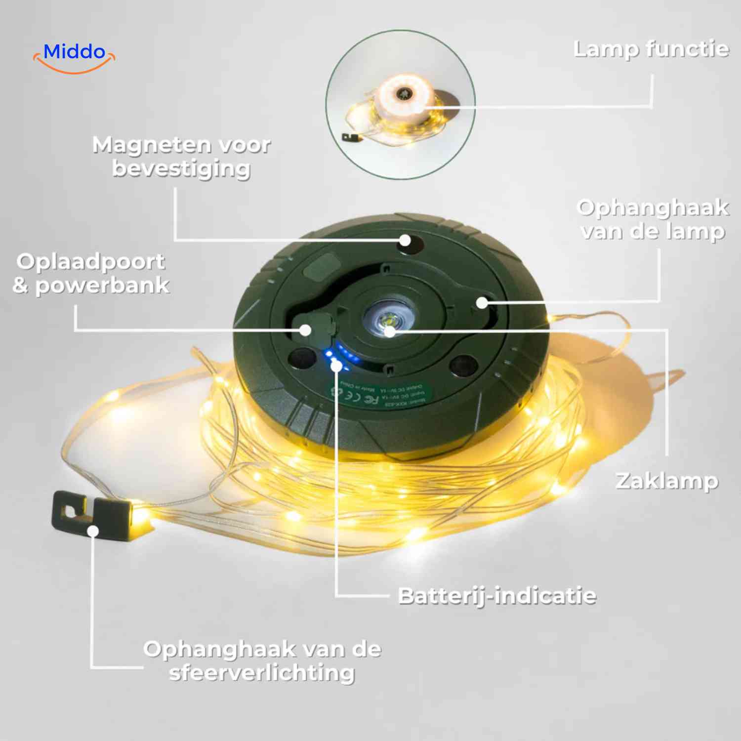 glowmate lamp met magneten haakjes en powerbank functie www.middo.nl