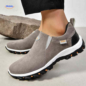 grijze stridex heren slip on sneakers met antislip zool en elastische instap www.middo.nl