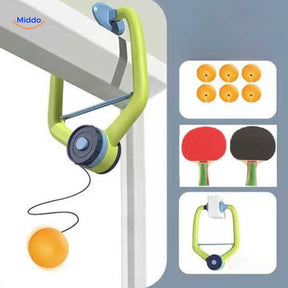 Hangingbounce trainer aan deur met rackets en ballen www.middo.nl