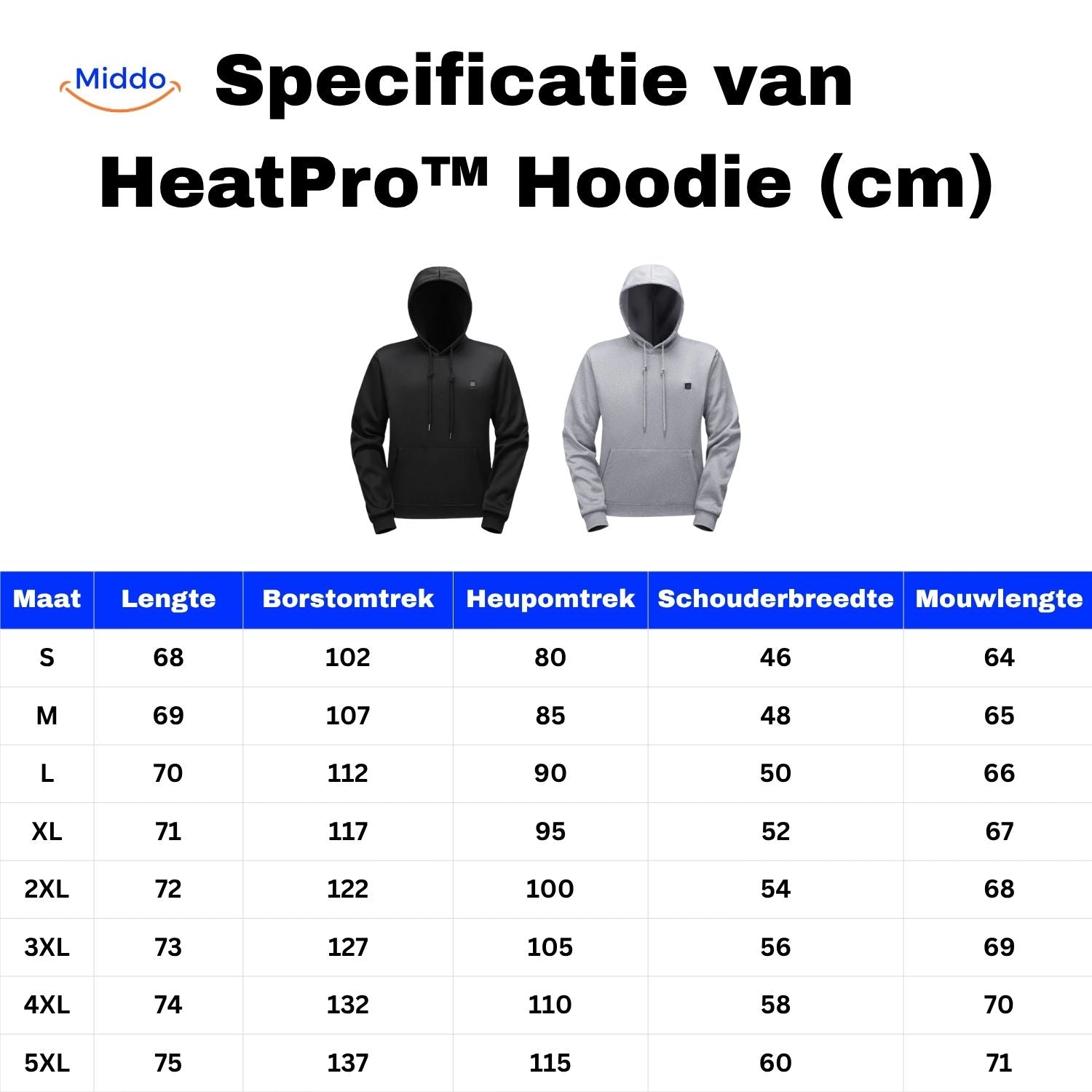 heatpro hoodie specificatie maattabelwww.middo.nl